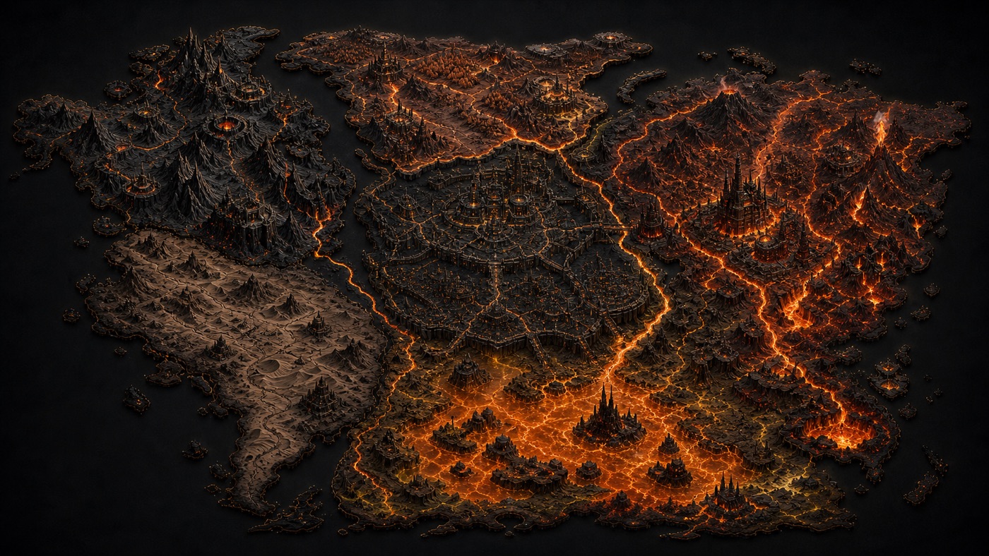 The six territories of Inferno, rendered as volcanic mountain realms, fortified cities, ash wastes, and molten basins
